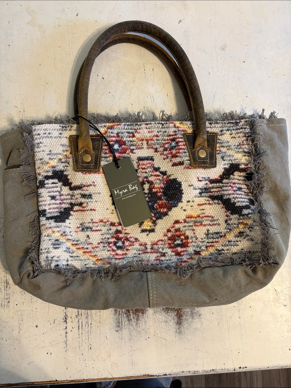 NWT Myra Bag Multicolor Tapestry Tote with Brown Handles